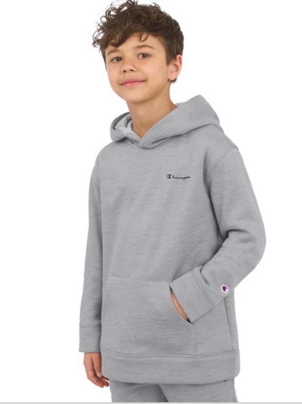 Champion Youth Light Gray Pullover Hoodie with Small Script Logo